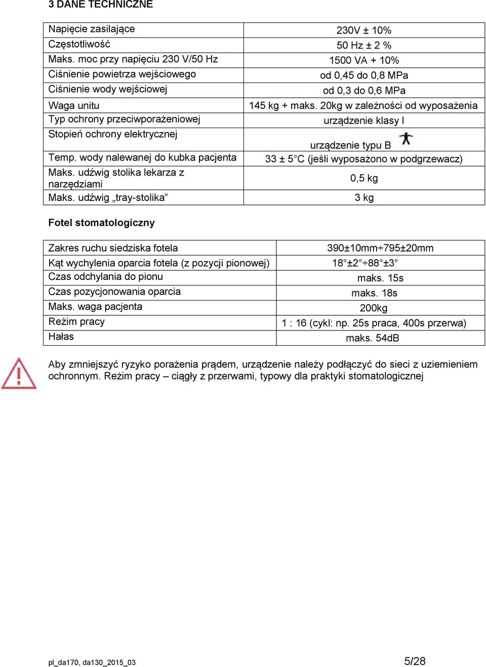 elektrycznej Temp. wody nalewanej do kubka pacjenta Maks. udźwig stolika lekarza z narzędziami Maks. udźwig tray-stolika Fotel stomatologiczny Zakres ruchu siedziska fotela 145 kg + maks.