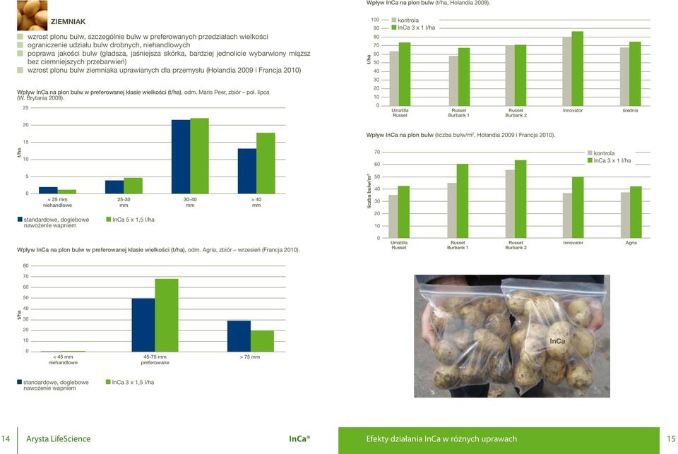 jednolicie wybarwiony miąższ bez ciemniejszych przebarwień) wzrost plonu bulw ziemniaka uprawianych dla przemysłu (Holandia i Francja ) t/ha kontrola In x l/ha Wpływ In na plon bulw w preferowanej