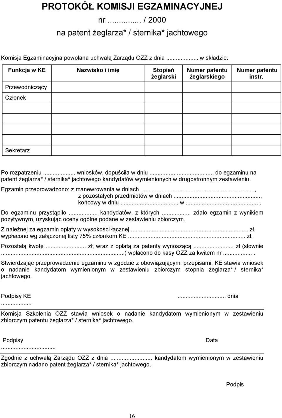 .. do egzaminu na patent żeglarza* / sternika* jachtowego kandydatów wymienionych w drugostronnym zestawieniu. Egzamin przeprowadzono: z manewrowania w dniach..., z pozostałych przedmiotów w dniach.