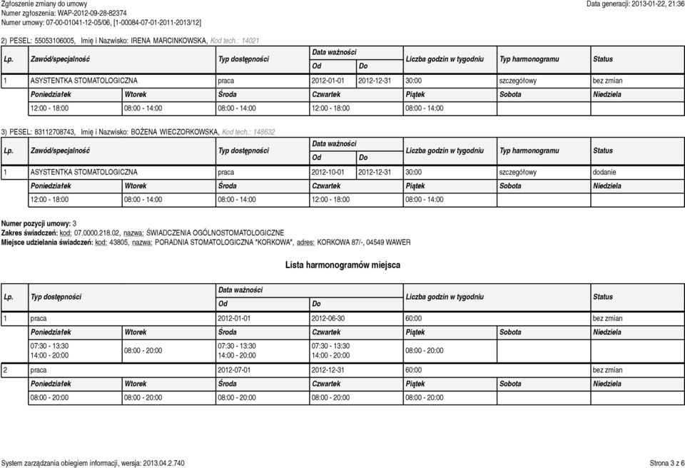 tech.: 48632 ASYSTENTKA STOMATOLOGICZNA praca 202-0-0 202-2-3 30:00 szczegółowy dodanie 2:00-8:00 08:00-4:00 08:00-4:00 2:00-8:00 08:00-4:00 Numer pozycji umowy: 3 Zakres świadczeń: kod: 07.0000.28.