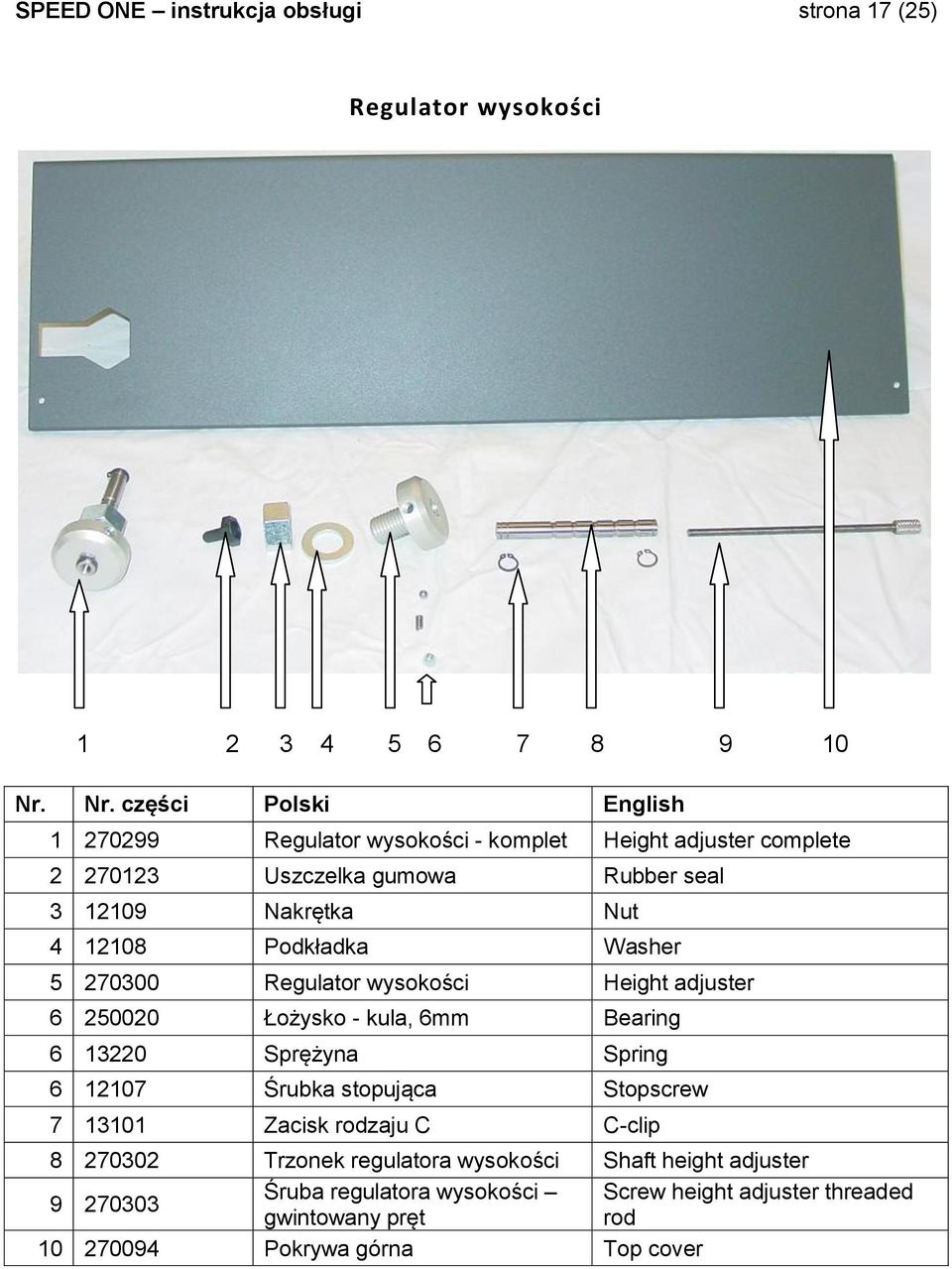 Łożysko - kula, 6mm Bearing 6 13220 Sprężyna Spring 6 12107 Śrubka stopująca Stopscrew 7 13101 Zacisk rodzaju C C-clip 8 270302 Trzonek regulatora