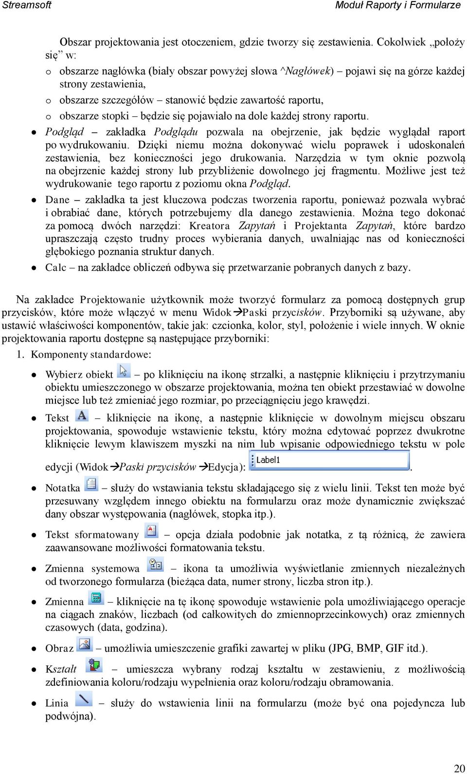 stopki będzie się pojawiało na dole każdej strony raportu. Podgląd zakładka Podglądu pozwala na obejrzenie, jak będzie wyglądał raport po wydrukowaniu.