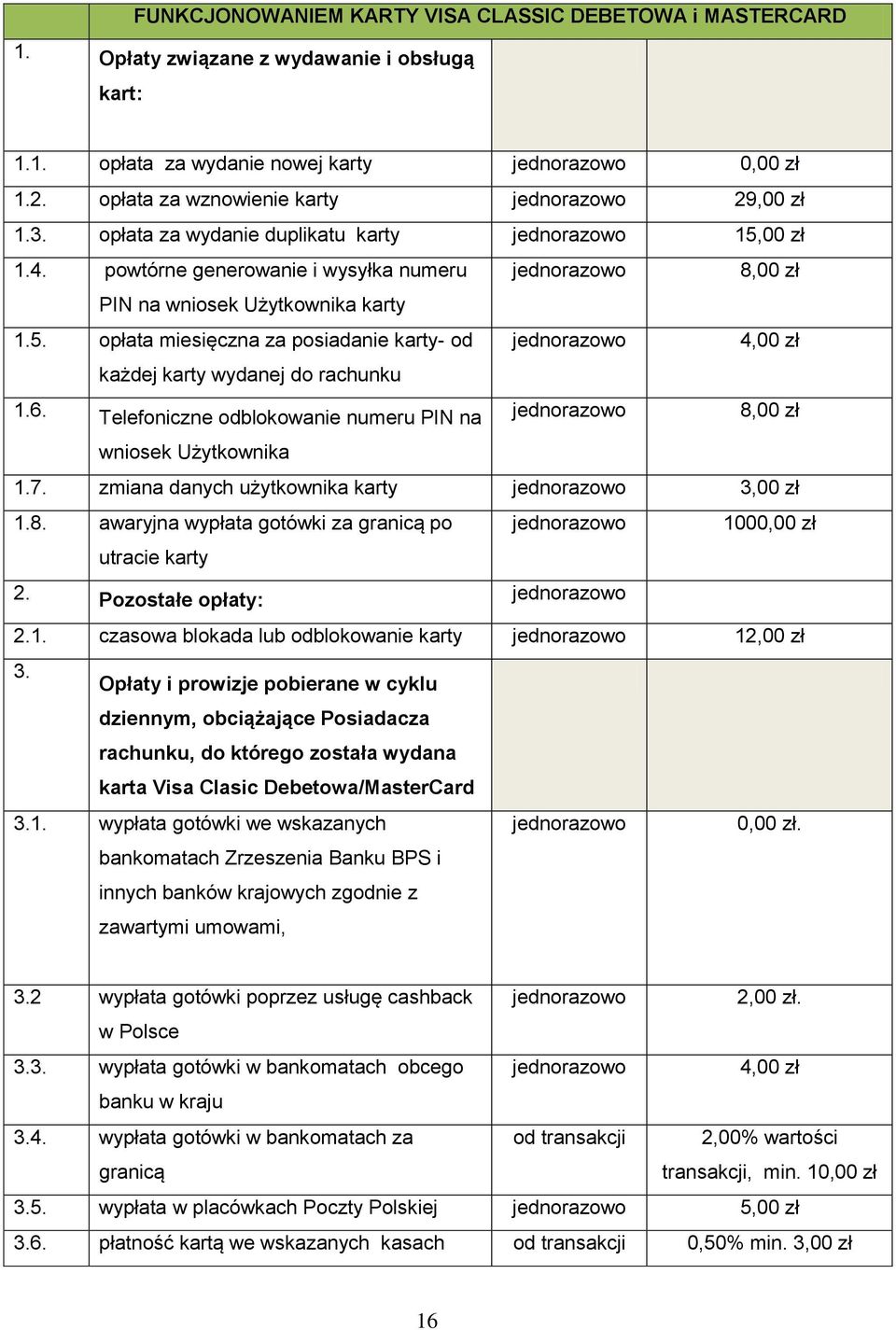 6. Telefoniczne odblokowanie numeru PIN na 8,00 zł wniosek Użytkownika 1.7. zmiana danych użytkownika karty 3,00 zł 1.8. awaryjna wypłata gotówki za granicą po 1000,00 zł utracie karty 2.