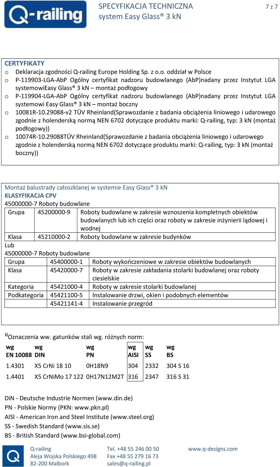 ności Q-railing Europe Holding Sp. z o.o. oddział w Polsce o P-119903-LGA-AbP Ogólny certyfikat nadzoru budowlanego (AbP)nadany przez Instytut LGA systemowieasy Glass 3 kn montaż podłogowy o