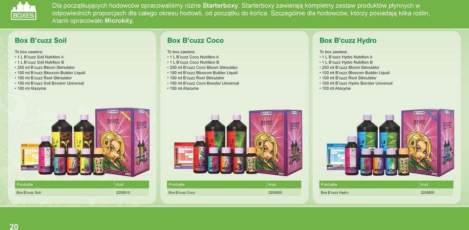 Box B cuzz Soil Box B cuzz Coco Box B cuzz Hydro To box zawiera: 1 L B cuzz Soil Nutrition A 1 L B cuzz Soil Nutrition B 250 ml B cuzz Bloom Stimulator 100 ml B cuzz Blossom Builder Liquid 100 ml B