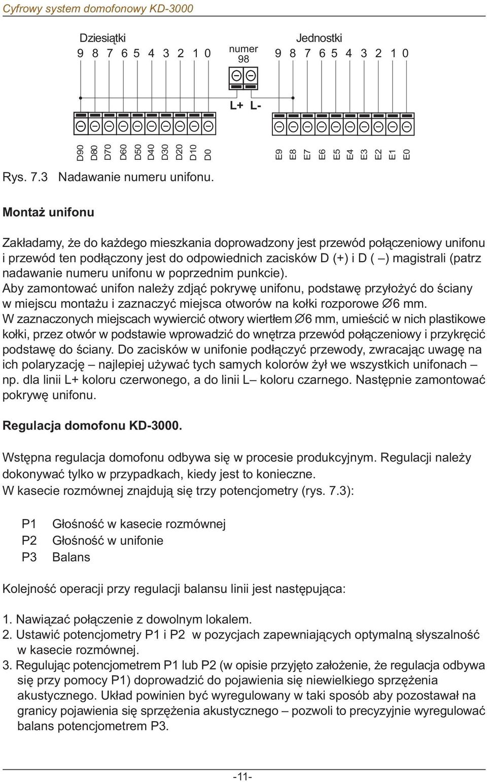 unifonu w poprzednim punkcie). Aby zamontowaæ unifon nale y zdj¹æ pokrywê unifonu, podstawê przy³o yæ do œciany w miejscu monta u i zaznaczyæ miejsca otworów na ko³ki rozporowe 6 mm.