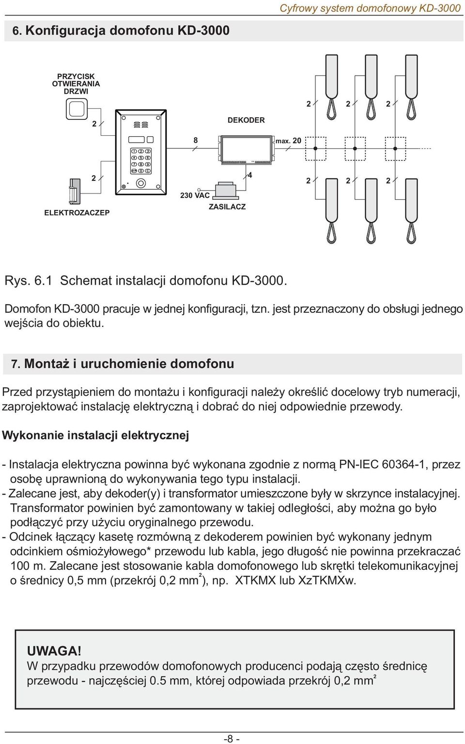 Monta i uruchomienie domofonu Przed przyst¹pieniem do monta u i konfiguracji nale y okreœliæ docelowy tryb numeracji, zaprojektowaæ instalacjê elektryczn¹ i dobraæ do niej odpowiednie przewody.