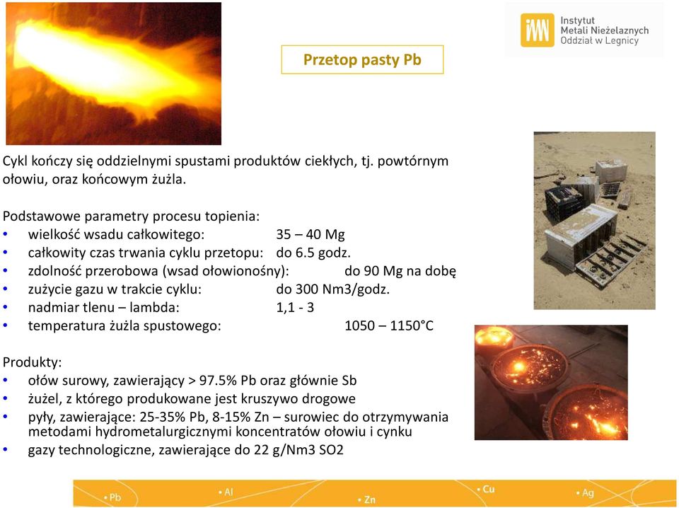 zdolność przerobowa (wsad ołowionośny): do 90 Mg na dobę zużycie gazu w trakcie cyklu: do 300 Nm3/godz.