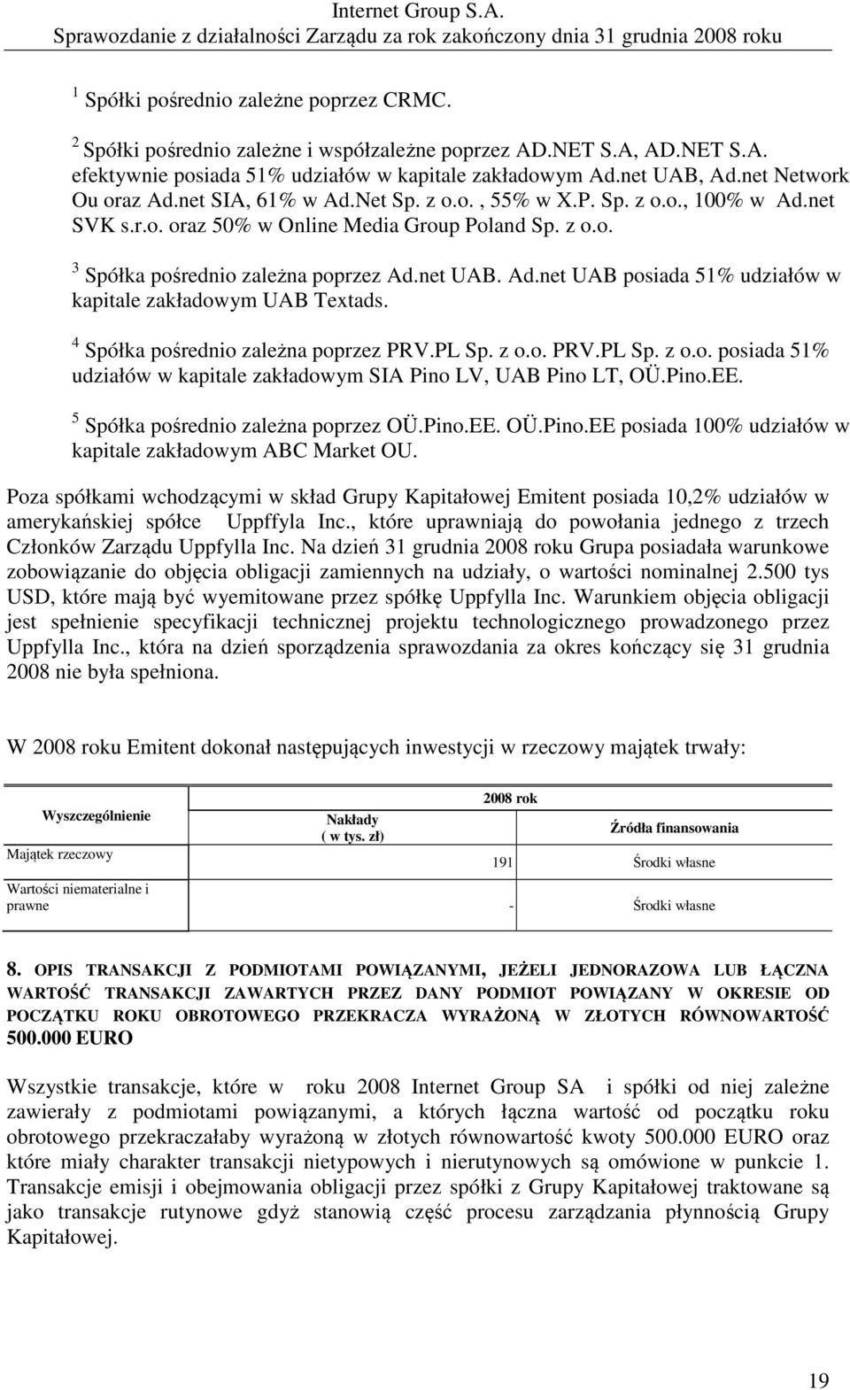 Ad.net UAB posiada 51% udziałów w kapitale zakładowym UAB Textads. 4 Spółka pośrednio zależna poprzez PRV.PL Sp. z o.o. PRV.PL Sp. z o.o. posiada 51% udziałów w kapitale zakładowym SIA Pino LV, UAB Pino LT, OÜ.