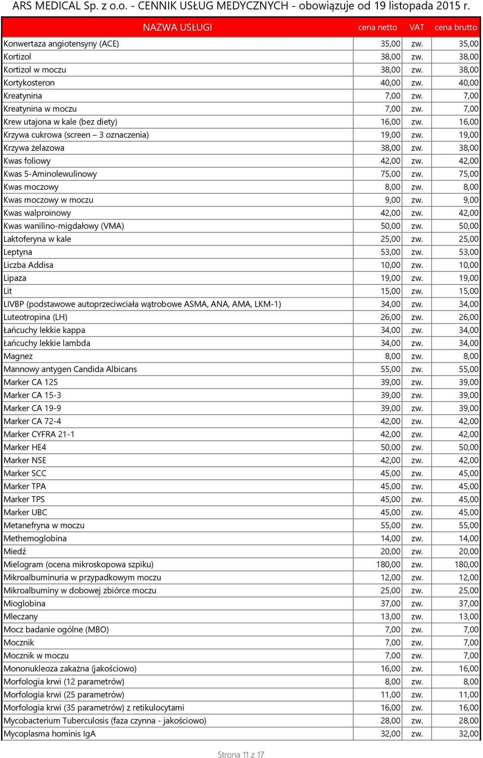 75,00 Kwas moczowy 8,00 zw. 8,00 Kwas moczowy w moczu 9,00 zw. 9,00 Kwas walproinowy 42,00 zw. 42,00 Kwas wanilino-migdałowy (VMA) 50,00 zw. 50,00 Laktoferyna w kale 25,00 zw. 25,00 Leptyna 53,00 zw.