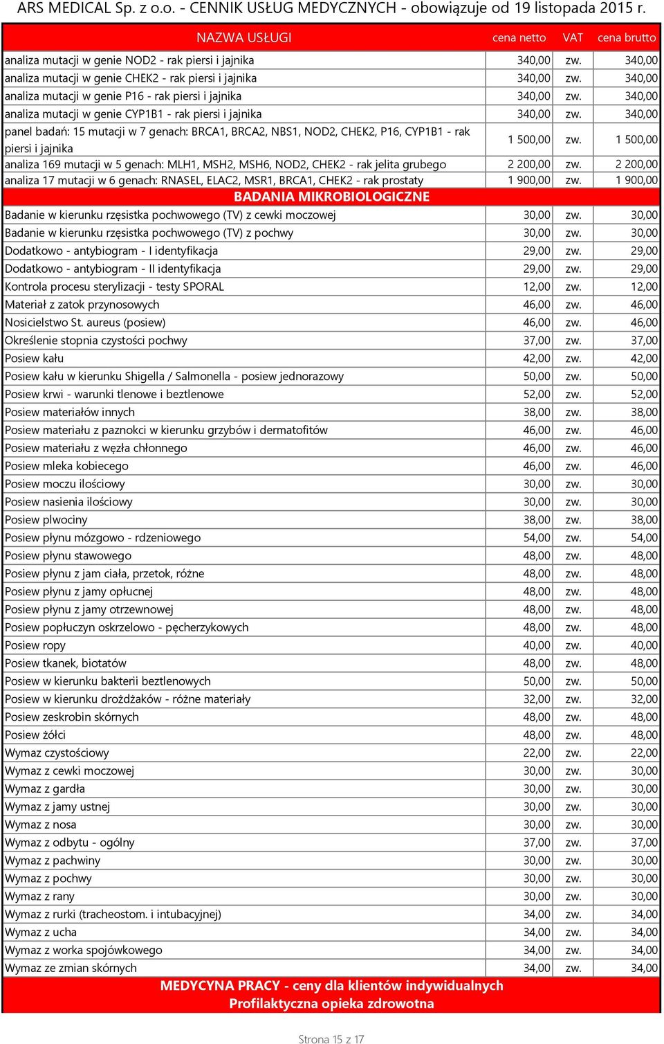 340,00 panel badań: 15 mutacji w 7 genach: BRCA1, BRCA2, NBS1, NOD2, CHEK2, P16, CYP1B1 - rak piersi i jajnika 1 500,00 zw.