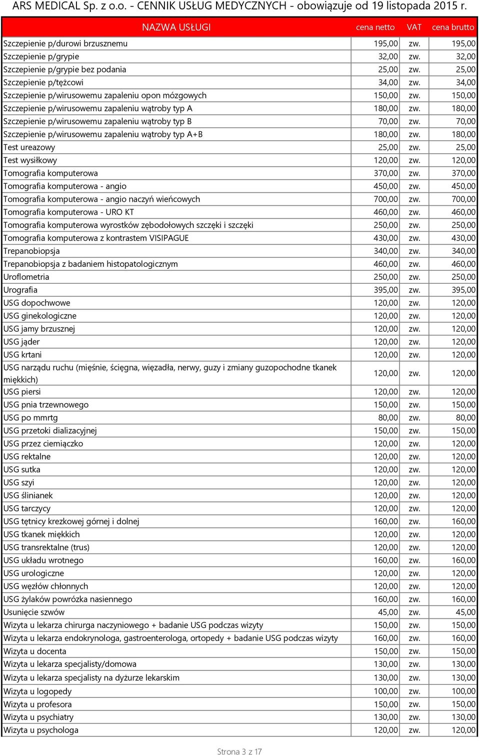 70,00 Szczepienie p/wirusowemu zapaleniu wątroby typ A+B 180,00 zw. 180,00 Test ureazowy 25,00 zw. 25,00 Test wysiłkowy 120,00 zw. 120,00 Tomografia komputerowa 370,00 zw.