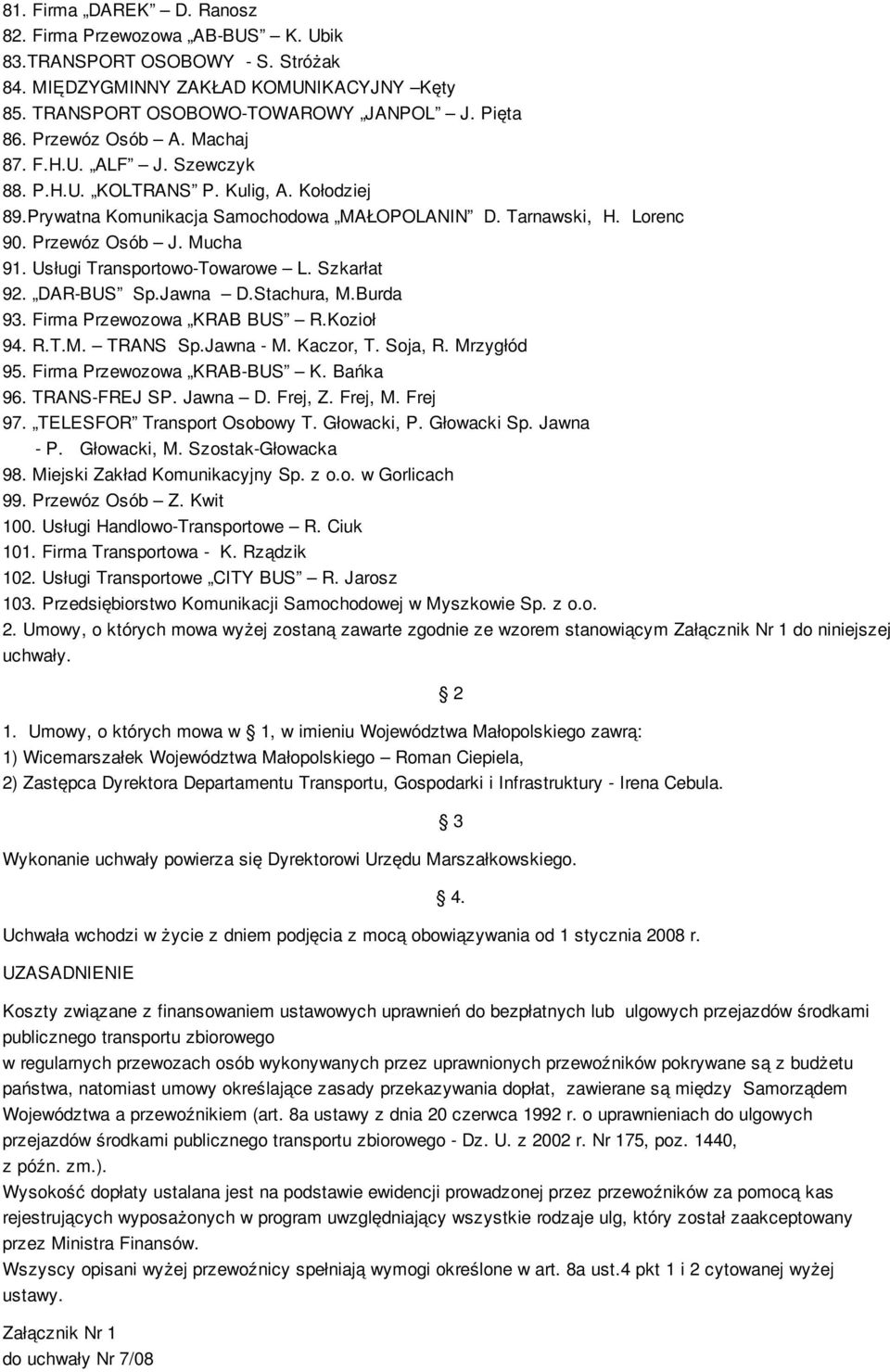 Usługi Transportowo-Towarowe L. Szkarłat 92. DAR-BUS Sp.Jawna D.Stachura, M.Burda 93. Firma Przewozowa KRAB BUS R.Kozioł 94. R.T.M. TRANS Sp.Jawna - M. Kaczor, T. Soja, R. Mrzygłód 95.