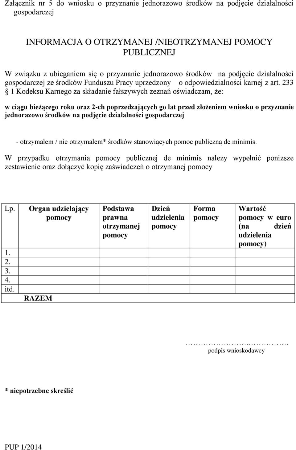 233 1 Kodeksu Karnego za składanie fałszywych zeznań oświadczam, że: w ciągu bieżącego roku oraz 2-ch poprzedzających go lat przed złożeniem wniosku o przyznanie jednorazowo środków na podjęcie