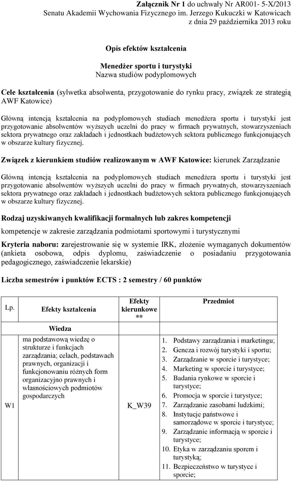 rynku pracy, związek ze strategią AWF Katowice) Główną intencją kształcenia na podyplomowych studiach menedżera sportu i turystyki jest przygotowanie absolwentów wyższych uczelni do pracy w firmach