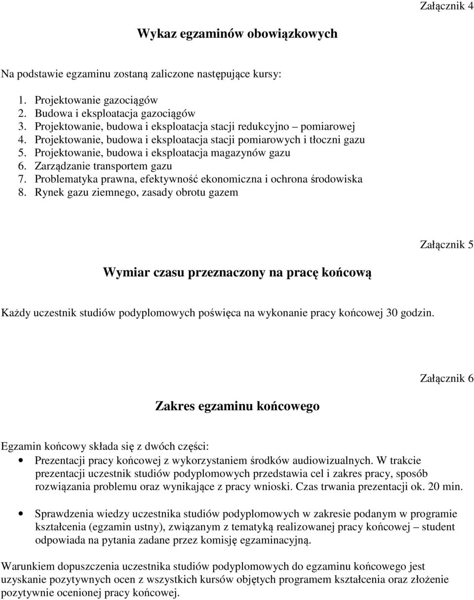 Rynek ziemnego, zasady obrotu gazem Załącznik 5 Wymiar czasu przeznaczony na pracę końcową Każdy uczestnik studiów podyplomowych poświęca na wykonanie pracy końcowej 30 godzin.