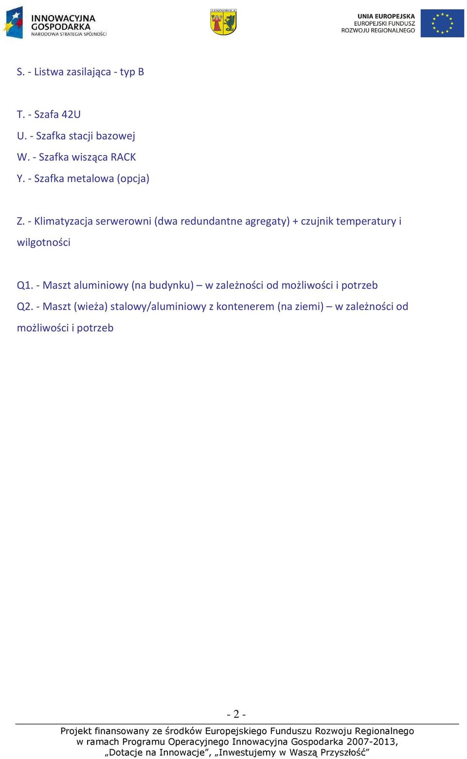 - Klimatyzacja serwerowni (dwa redundantne agregaty) + czujnik temperatury i wilgotności Q1.