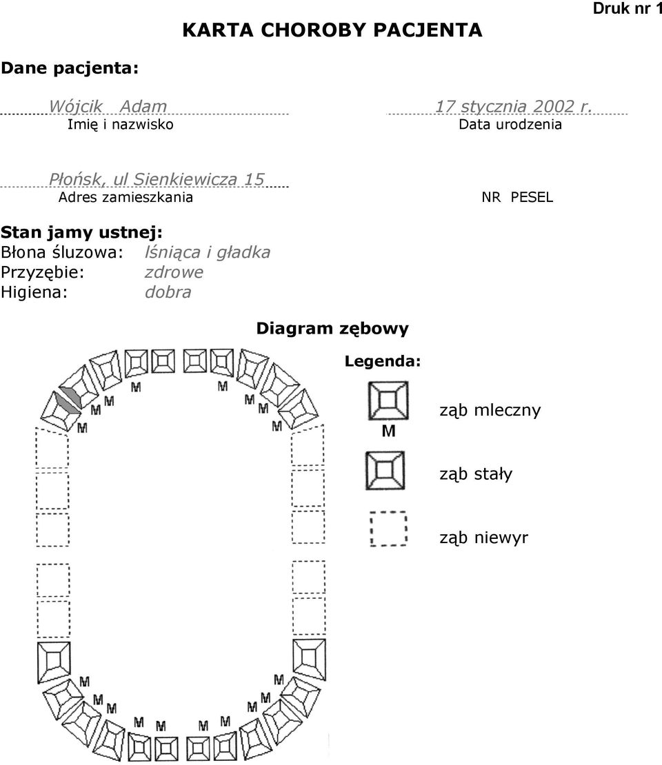 gładka Przyzębie: zdrowe Higiena: dobra Diagram zębowy Legenda: ząb mleczny ząb stały ząb niewyrnięty ząb zalakowany ząb wypełniony (szary) ząb z próchnicą