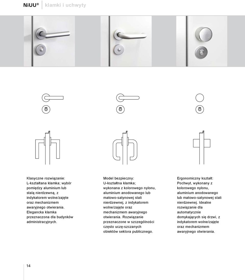Model bezpieczny: U-kształtna klamka; wykonana z kolorowego nylonu, aluminium anodowanego lub matowo-satynowej stali nierdzewnej, z indykatorem wolne/zajęte oraz mechanizmem awaryjnego otwierania.
