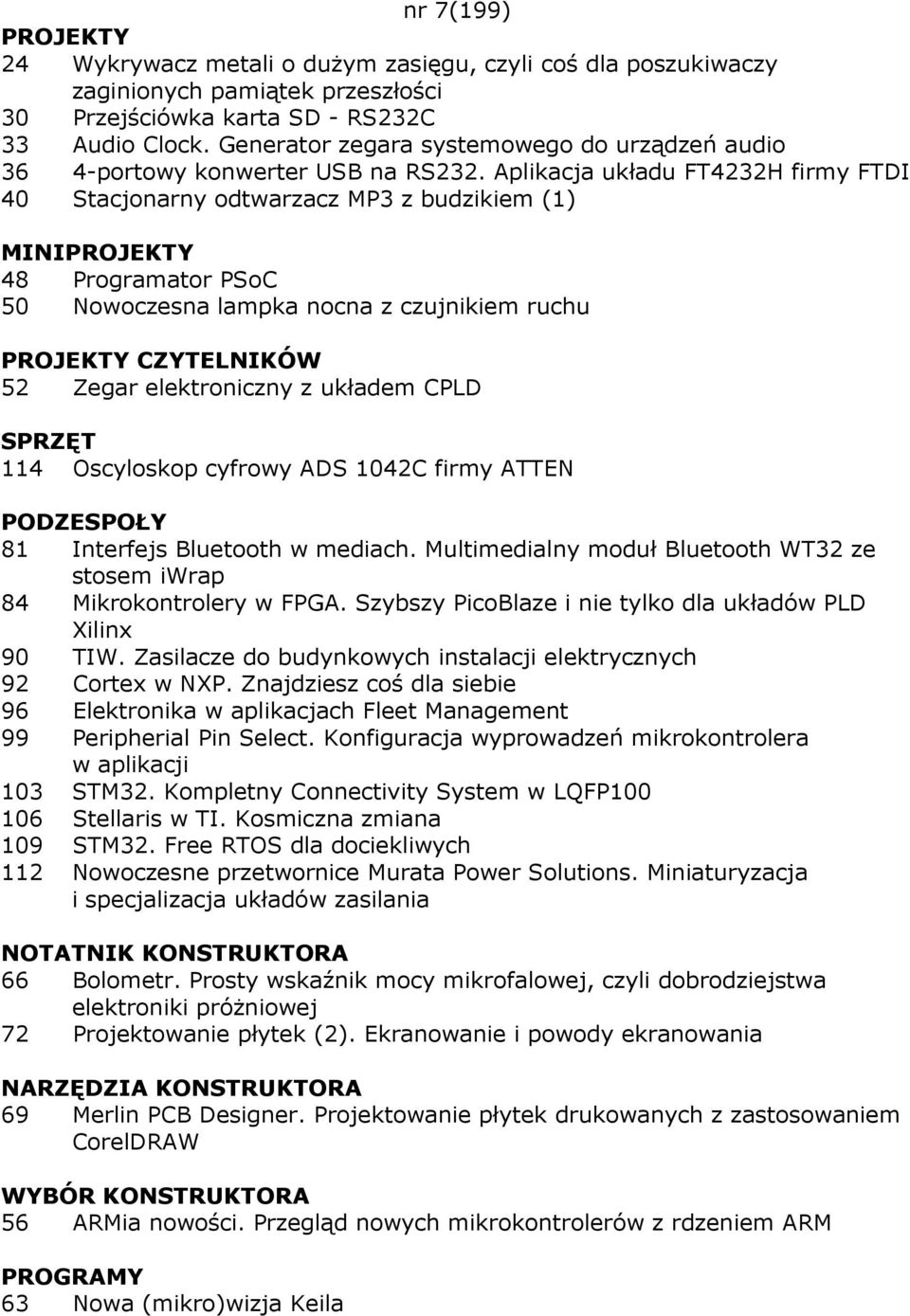 Aplikacja układu FT4232H firmy FTDI 40 Stacjonarny odtwarzacz MP3 z budzikiem (1) MINIPROJEKTY 48 Programator PSoC 50 Nowoczesna lampka nocna z czujnikiem ruchu PROJEKTY CZYTELNIKÓW 52 Zegar