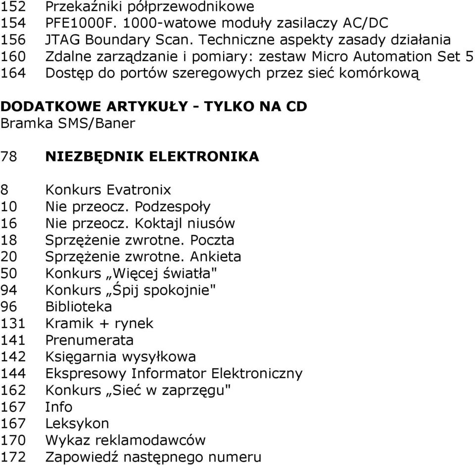 Bramka SMS/Baner 78 NIEZBĘDNIK ELEKTRONIKA 8 Konkurs Evatronix 10 Nie przeocz. Podzespoły 16 Nie przeocz. Koktajl niusów 18 SprzęŜenie zwrotne. Poczta 20 SprzęŜenie zwrotne.