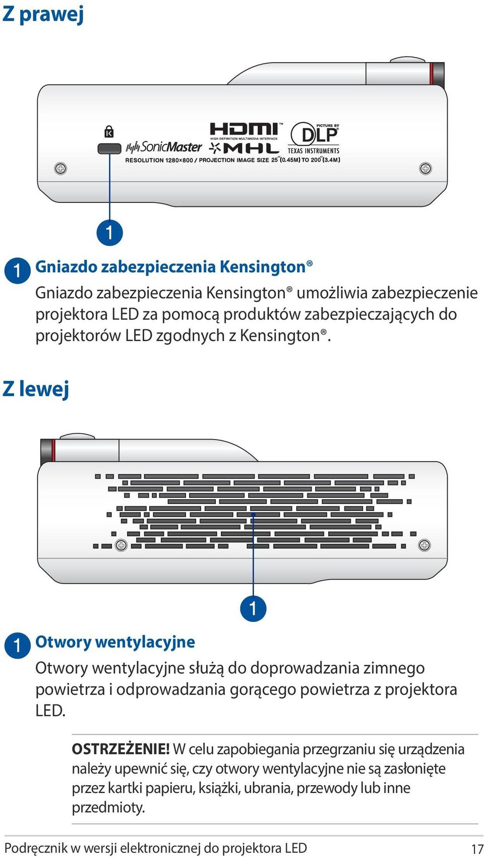 Z lewej Otwory wentylacyjne Otwory wentylacyjne służą do doprowadzania zimnego powietrza i odprowadzania gorącego powietrza z projektora LED.