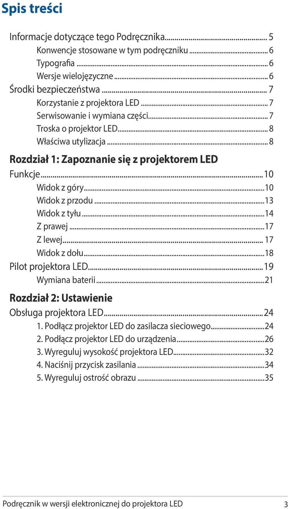 ..14 Z prawej...17 Z lewej... 17 Widok z dołu...18 Pilot projektora LED...19 Wymiana baterii...21 Rozdział 2: Ustawienie Obsługa projektora LED...24 1. Podłącz projektor LED do zasilacza sieciowego.