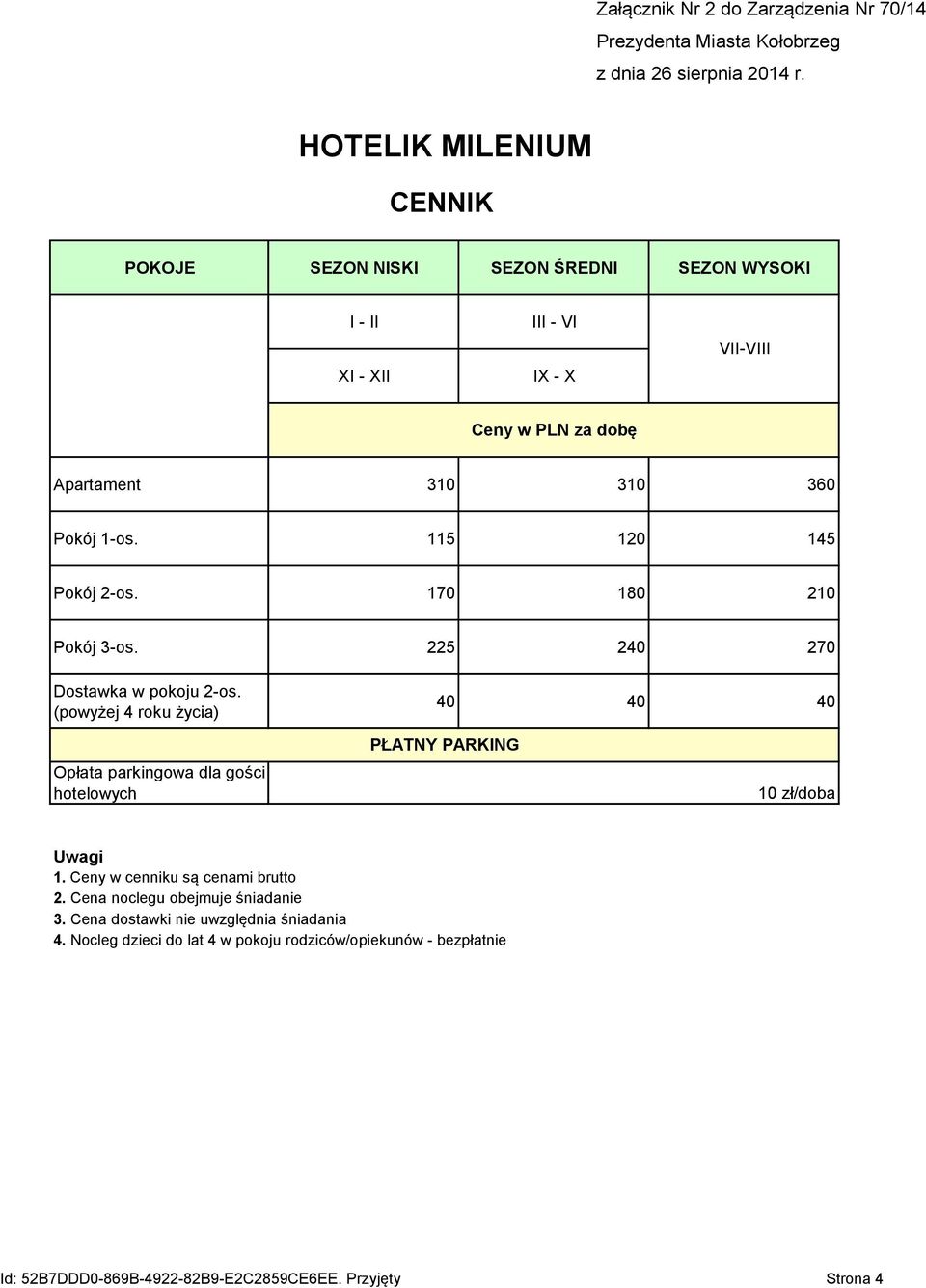 (powyżej 4 roku życia) 40 40 40 Opłata parkingowa dla gości hotelowych PŁATNY PARKING 10 zł/doba Uwagi 1. Ceny w cenniku są cenami brutto 2.