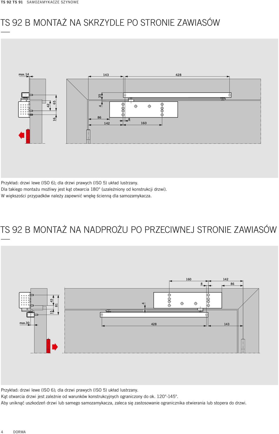 TS 92 B MONTAŻ NA NADPROŻU PO PRZECIWNEJ STRONIE ZAWIASÓW 160 142 8 86 15 81 4 4 max.0 14 Przykład: drzwi lewe (ISO 6); dla drzwi prawych (ISO 5) układ lustrzany.