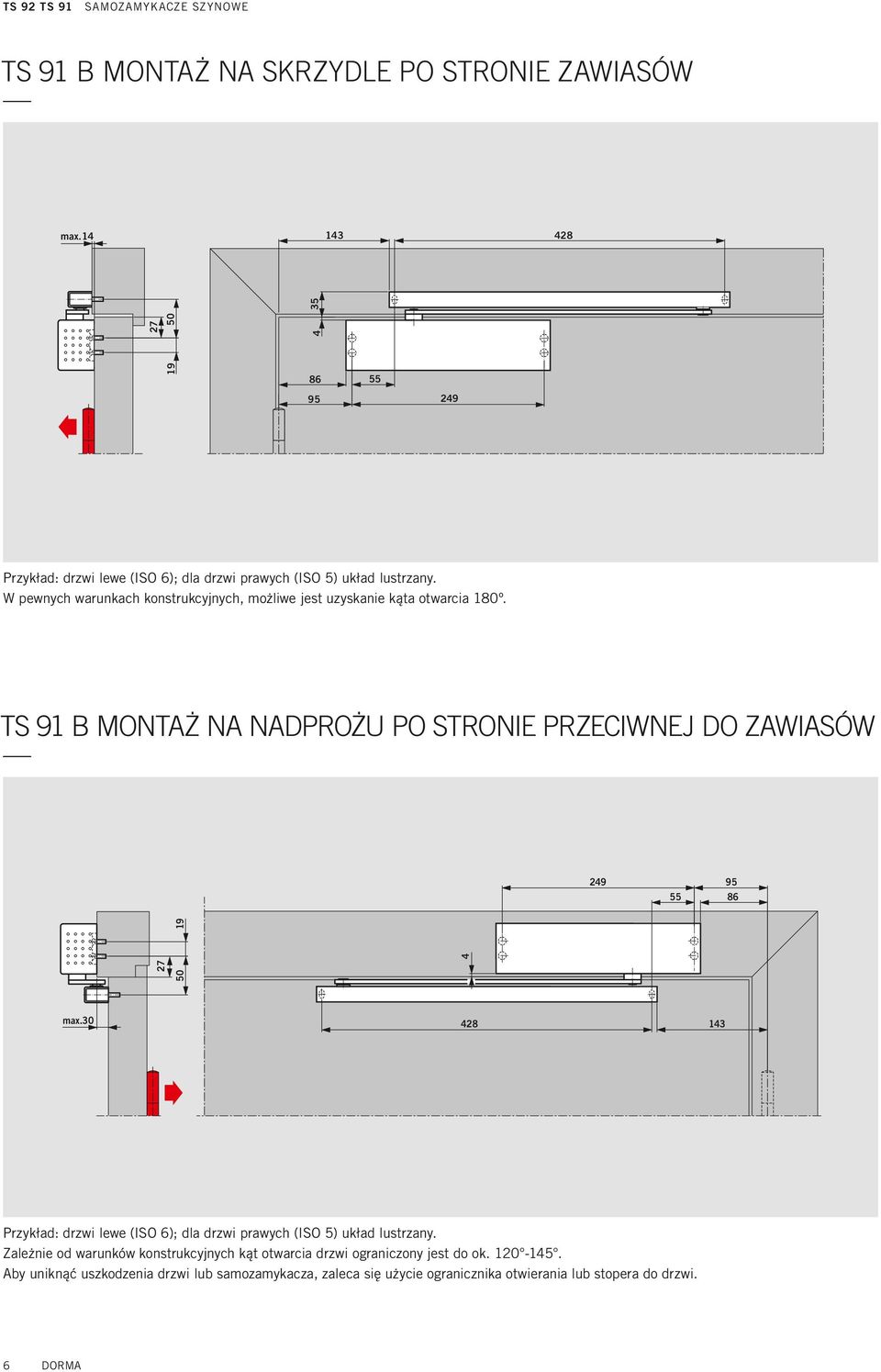 W pewnych warunkach konstrukcyjnych, możliwe jest uzyskanie kąta otwarcia 180º.