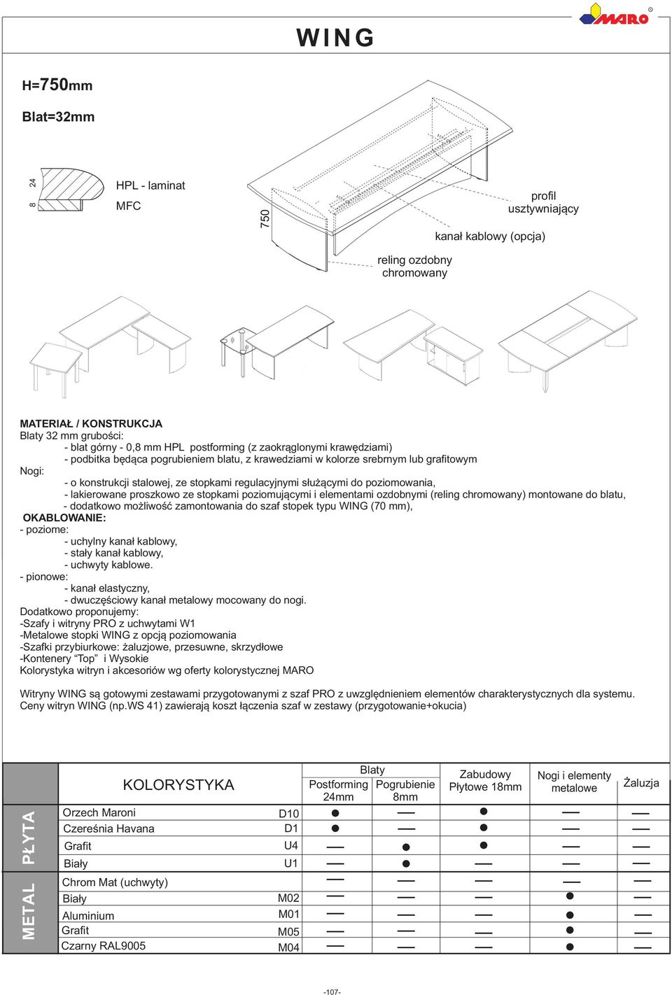 lakierowane proszkowo ze stopkami poziomującymi i elementami ozdobnymi (reling chromowany) montowane do blatu, - dodatkowo możliwość zamontowania do szaf stopek typu WING (70 mm), OKABLOWANIE: -