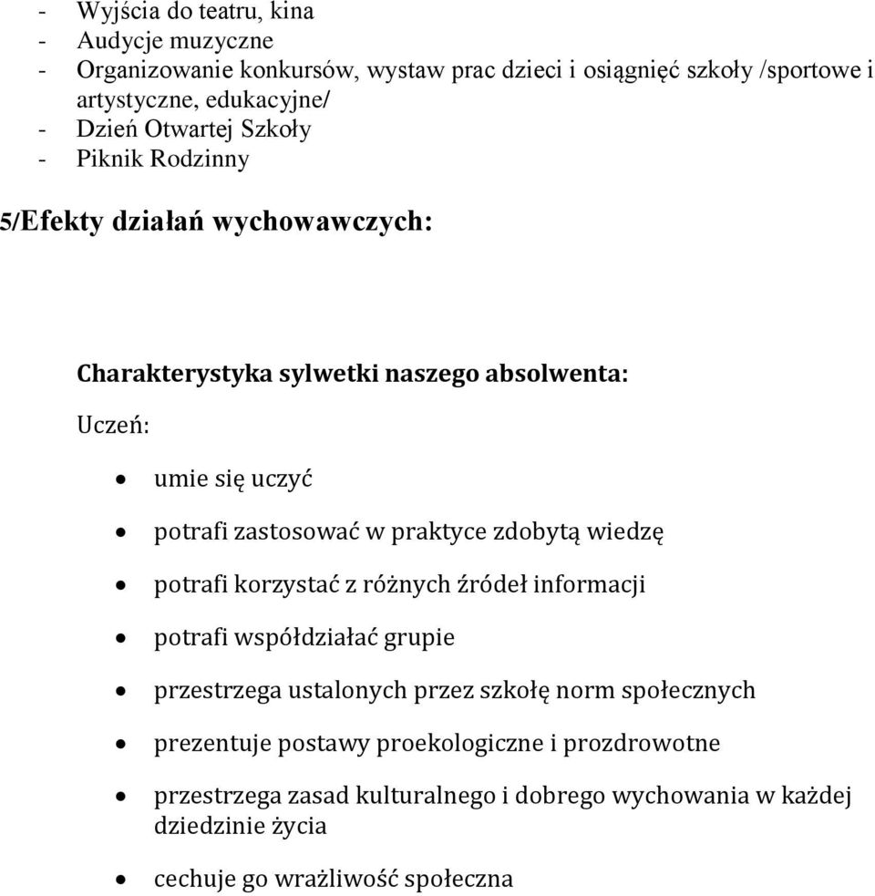 praktyce zdobytą wiedzę potrafi korzystać z różnych źródeł informacji potrafi współdziałać grupie przestrzega ustalonych przez szkołę norm społecznych