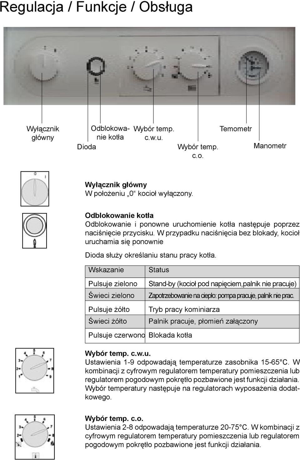 W przypadku naciśnięcia bez blokady, kocioł uruchamia się ponownie Dioda służy określaniu stanu pracy kotła.