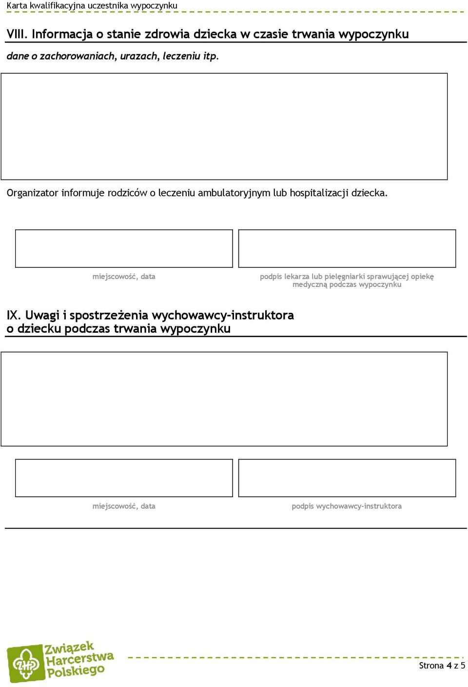 podpis lekarza lub pielęgniarki sprawującej opiekę medyczną podczas wypoczynku IX.