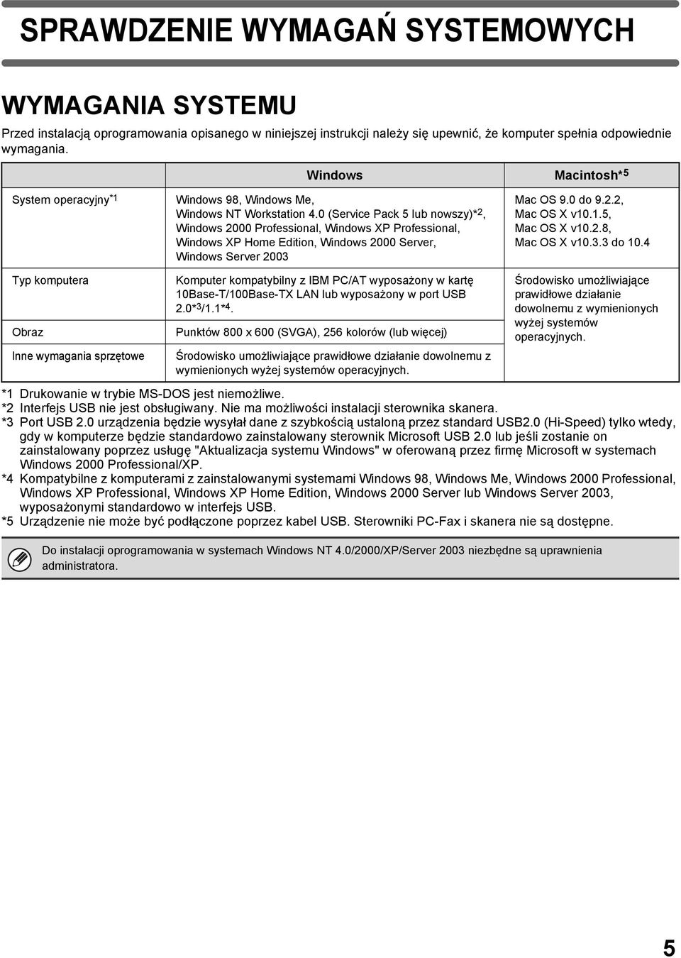 0 (Service Pack 5 lub nowszy)* 2, Windows 2000 Professional, Windows XP Professional, Windows XP Home Edition, Windows 2000 Server, Windows Server 2003 Mac OS 9.0 do 9.2.2, Mac OS X v10