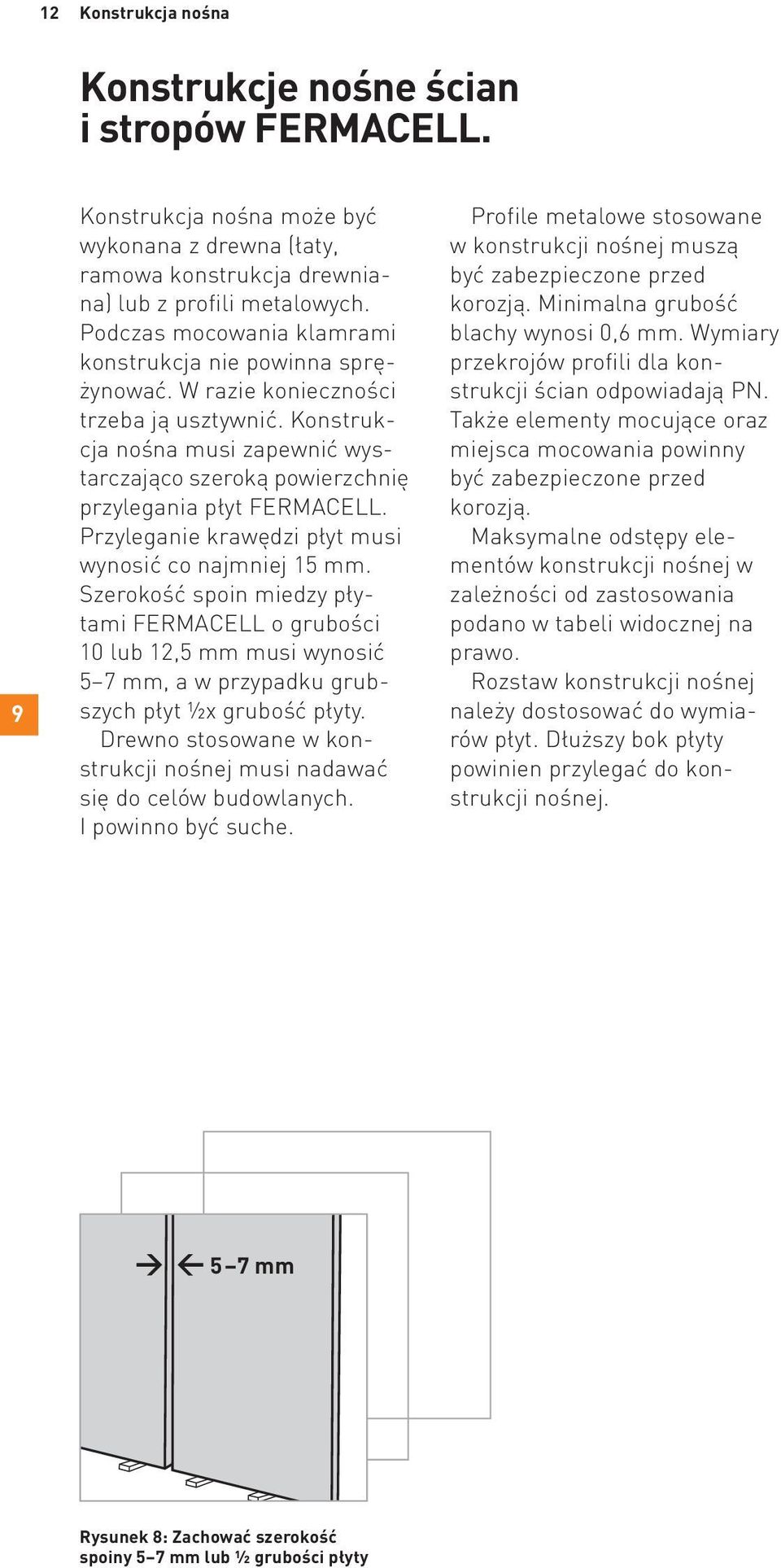 Przyleganie krawędzi płyt musi wynosić co najmniej 15 mm. Szerokość spoin miedzy płytami FERMACELL o grubości 10 lub 12,5 mm musi wynosić 5 7 mm, a w przypadku grubszych płyt 5x grubość płyty.