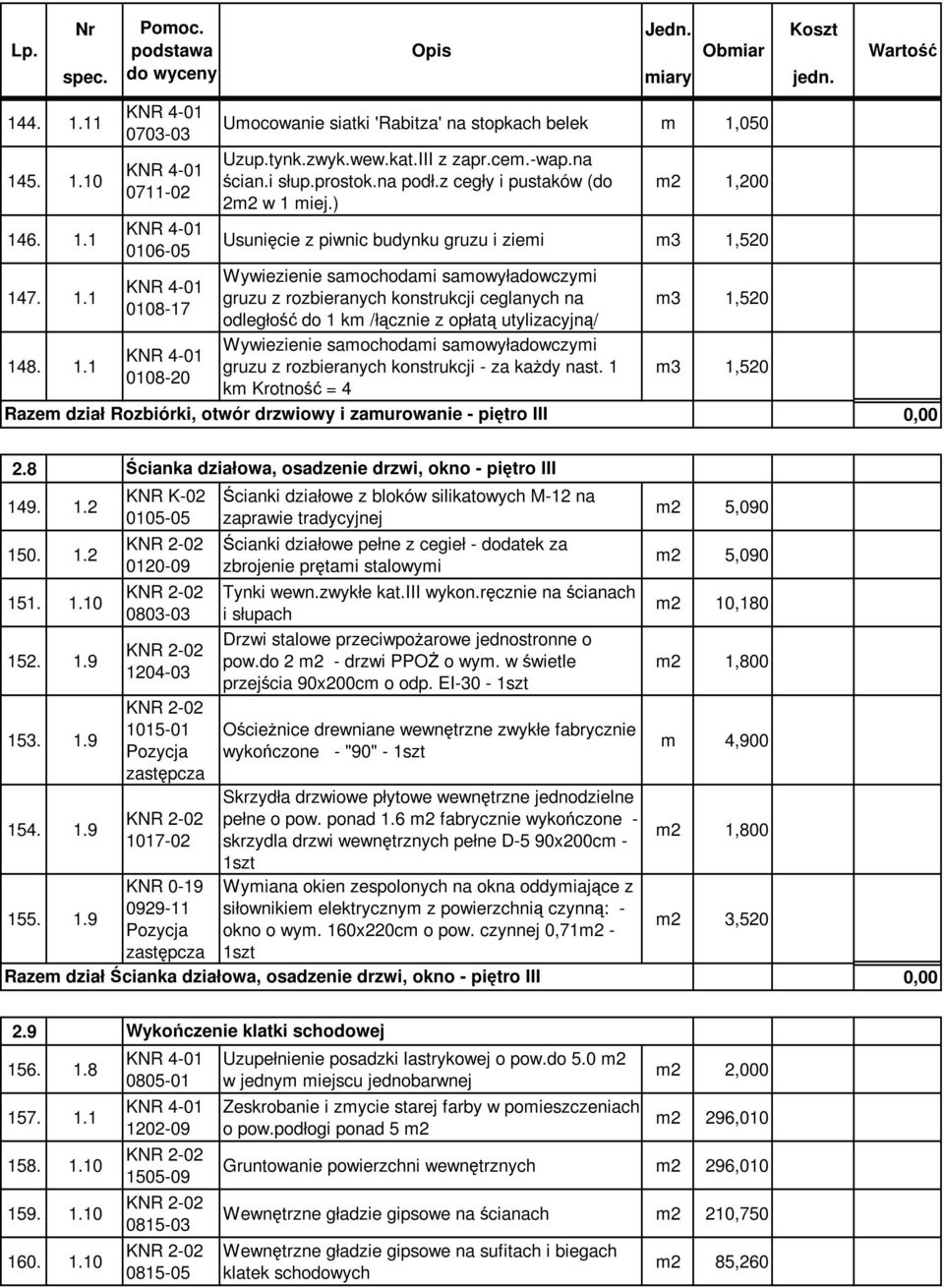 rozbieranych konstrukcji - za kaŝdy st. 1 km Krotność = 4 Razem dział Rozbiórki, otwór drzwiowy i zamurowanie - piętro III m3 1,520 m3 1,520 2.8 149. 1.2 150. 1.2 151. 1.10 152. 1.9 153. 1.9 154. 1.9 155.
