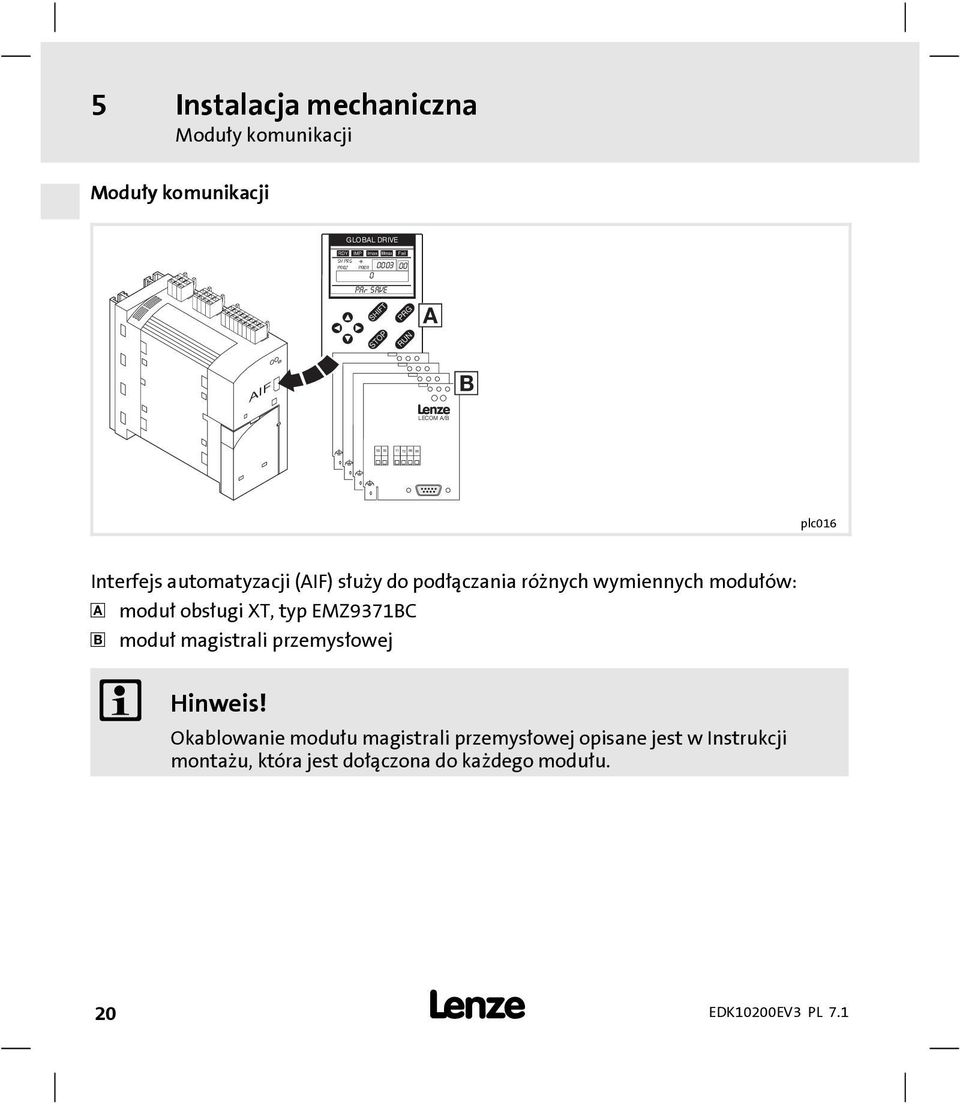 różnych wymiennych modułów: moduł obsługi XT, typ EMZ9371BC moduł magistrali przemysłowej Hinweis!