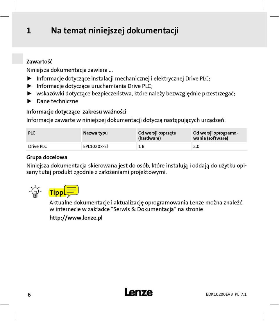 Dane techniczne Informacje dotyczące zakresu ważności Informacje zawarte w niniejszej dokumentacji dotyczą następujących urządzeń: PLC Nazwa typu Od wersji osprzętu (hardware) Drive PLC EPL1020x-El