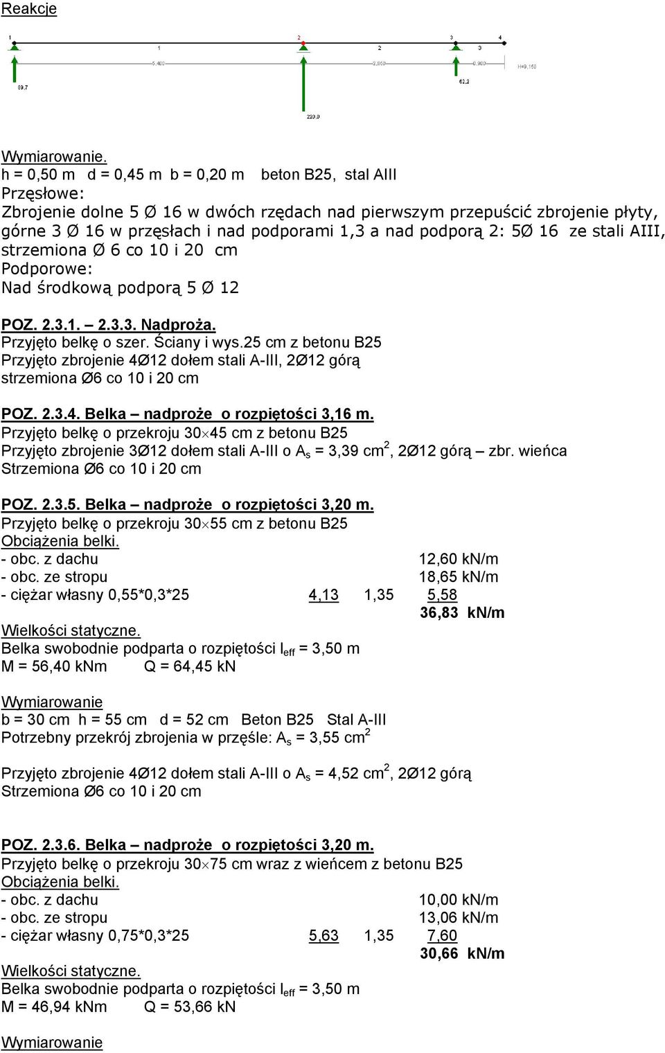 podporą 2: 5Ø 16 ze stali AIII, strzemiona Ø 6 co 10 i 20 cm Podporowe: Nad środkową podporą 5 Ø 12 POZ. 2.3.1. 2.3.3. Nadproża. Przyjęto belkę o szer. Ściany i wys.