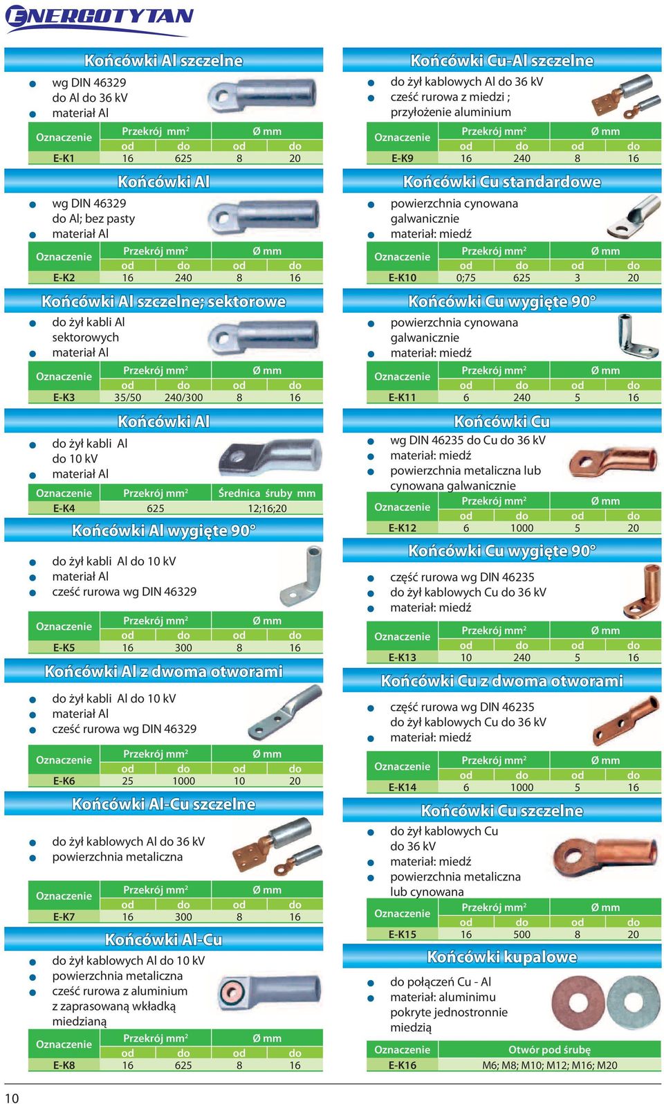 miedzianą E-K8 16 65 8 16 Końcówki Cu-Al szczelne z żył kablowych Al 36 kv z cześć rurowa z miedzi ; przyłożenie aluminium E-K9 16 40 8 16 Końcówki Cu standarwe z powierzchnia cynowana E-K10 0;75 65