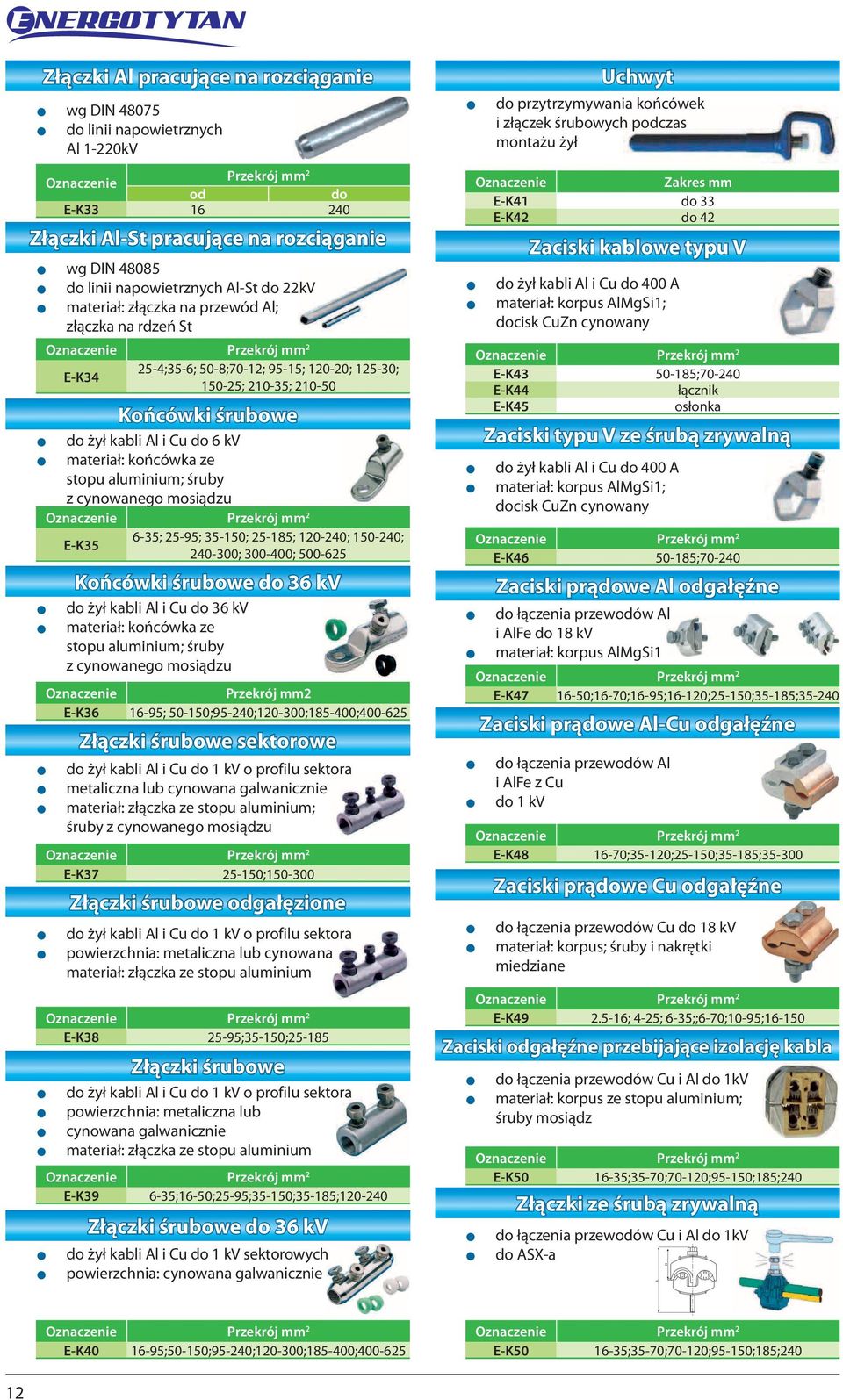 z cynowanego mosiądzu E-K35 6-35; 5-95; 35-150; 5-185; 10-40; 150-40; 40-300; 300-400; 500-65 Końcówki śrubowe 36 kv z żył kabli Al i Cu 36 kv z materiał: końcówka ze stopu aluminium; śruby z