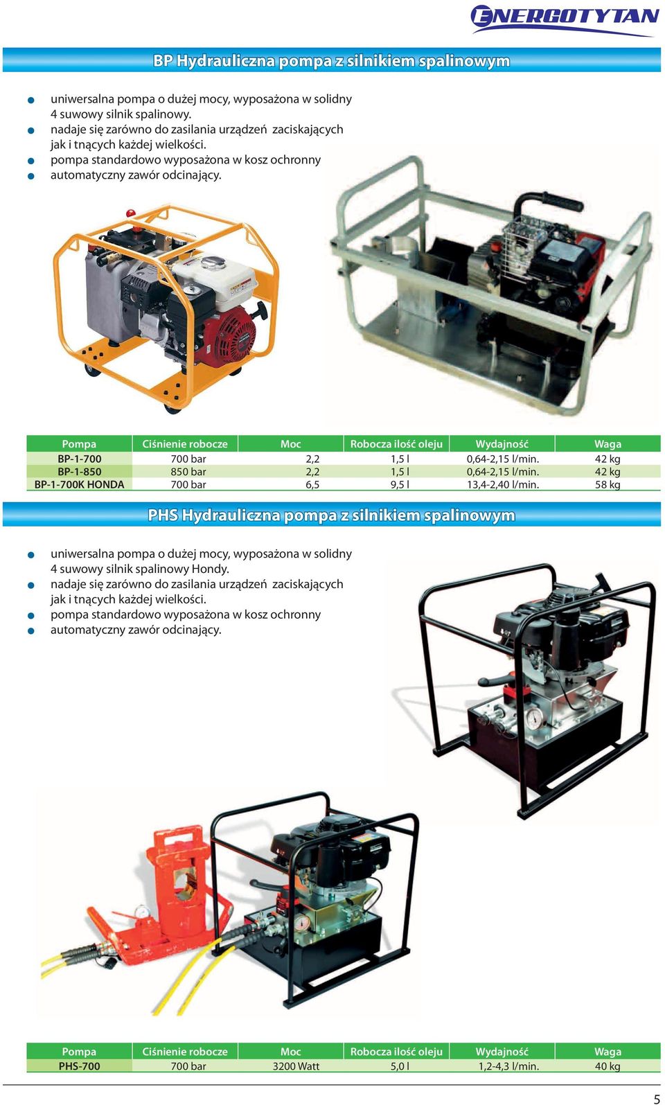 Pompa Ciśnienie robocze Moc Robocza ilość oleju Wydajność Waga BP-1-700 700 bar, 1,5 l 0,64-,15 l/min. 4 kg BP-1-850 850 bar, 1,5 l 0,64-,15 l/min.