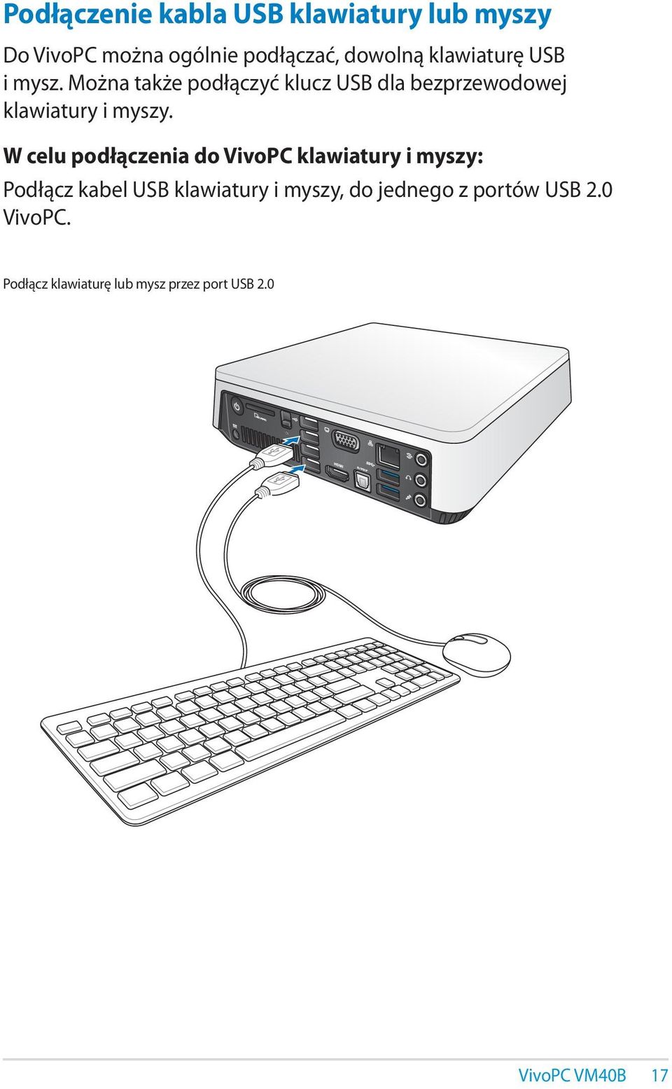 Można także podłączyć klucz USB dla bezprzewodowej klawiatury i myszy.