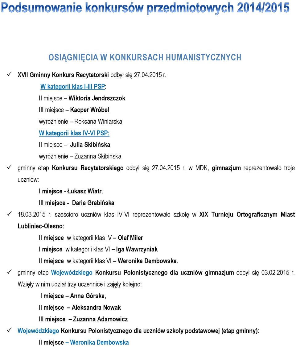 Skibińska gminny etap Konkursu Recytatorskiego odbył się 27.04.2015 r.