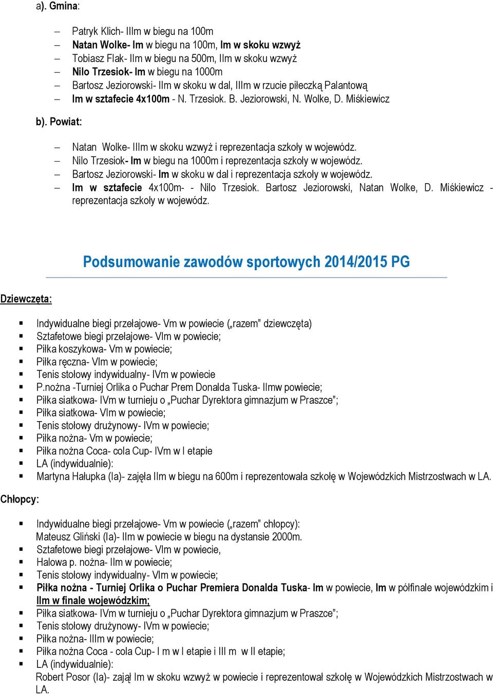 Powiat: Natan Wolke- IIIm w skoku wzwyż i reprezentacja szkoły w wojewódz. Nilo Trzesiok- Im w biegu na 1000m i reprezentacja szkoły w wojewódz.