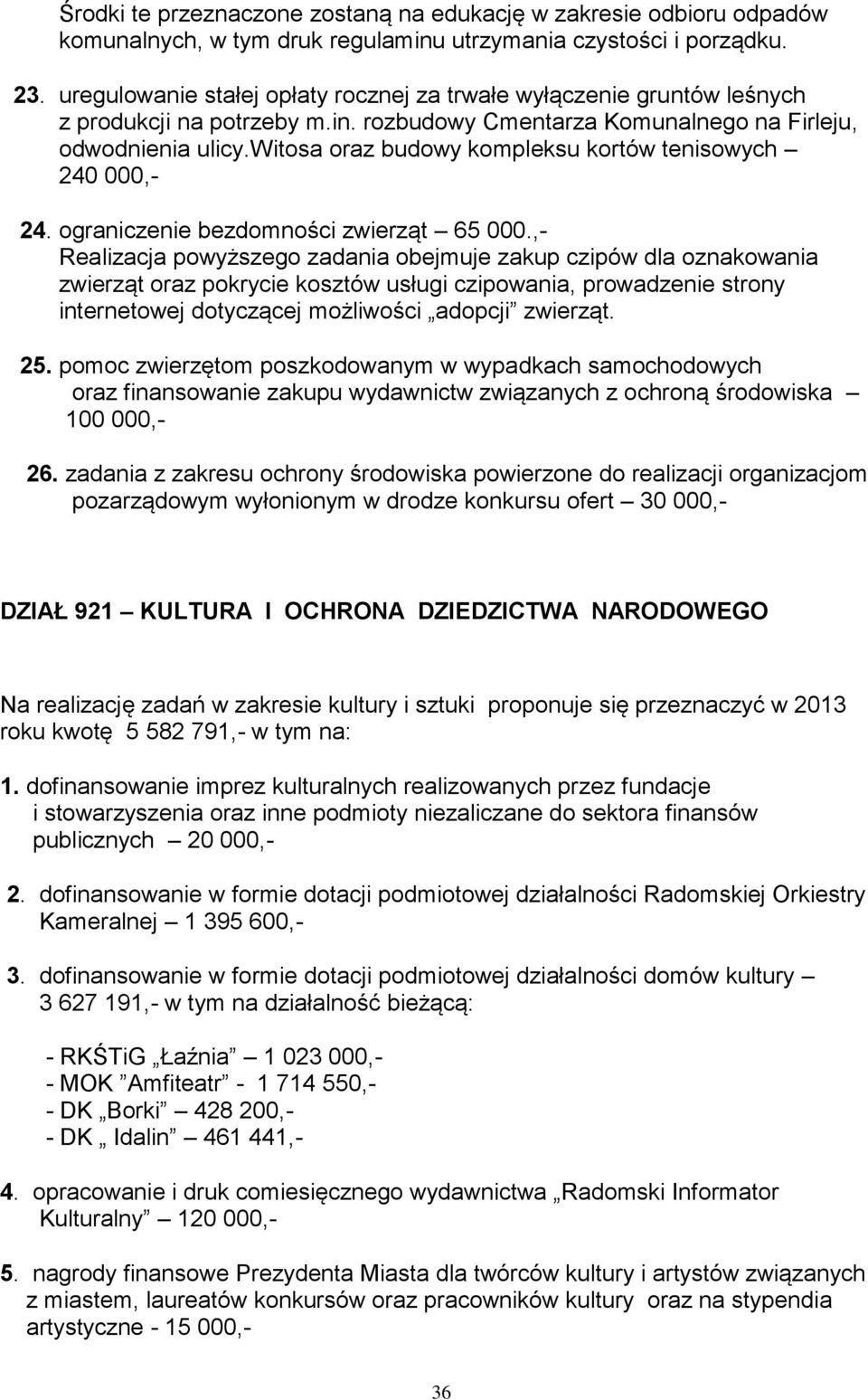 witosa oraz budowy kompleksu kortów tenisowych 240 000,- 24. ograniczenie bezdomności zwierząt 65 000.