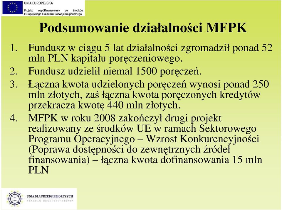 Łączna kwota udzielonych poręczeń wynosi ponad 250 mln złotych, zaś łączna kwota poręczonych kredytów przekracza kwotę 440 mln