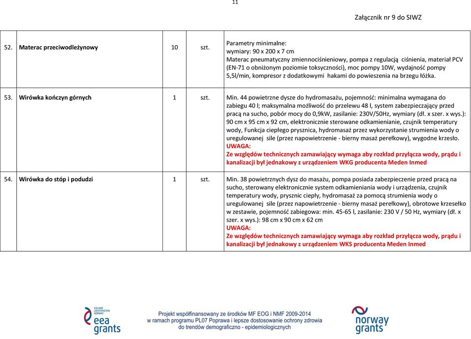 kompresor z dodatkowymi hakami do powieszenia na brzegu łóżka. 53. Wirówka kończyn górnych Min.