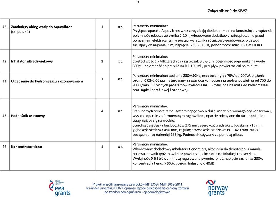 postaci wyłącznika różnicowo-prądowego, przewód zasilający co najmniej 3 m, napięcie: 230 V 50 Hz, pobór mocy: max.0,6 KW Klasa I. 43.